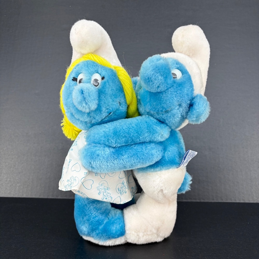Wallace Berrie Smurfs‎ Plush 1982 Hugging Smurfette & Smurf Vintage 11"